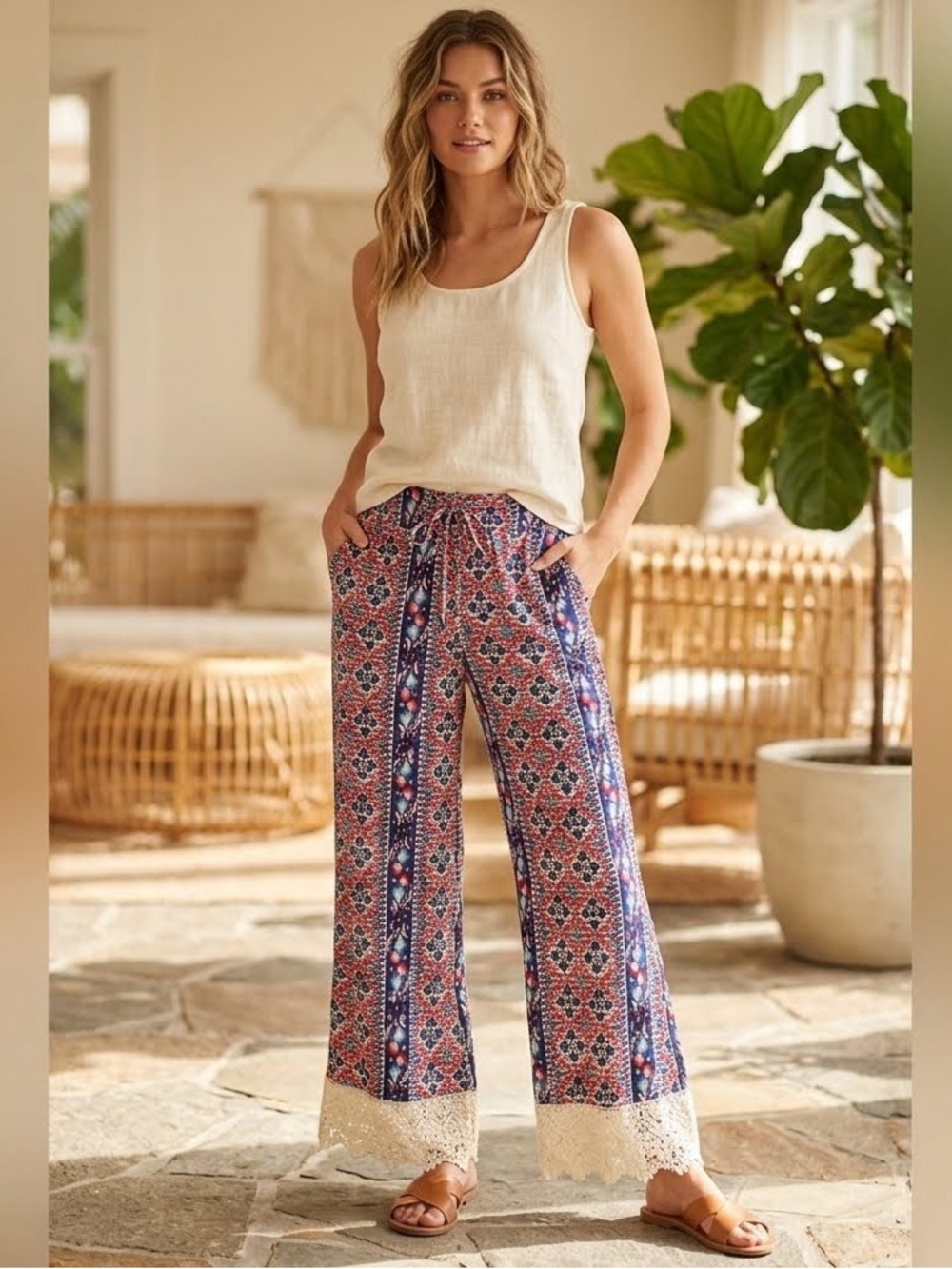 No Boundaries Boho Palazzo Pants Wide Leg lightweight Smocked Waist Lace Trim S